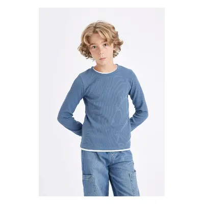 DEFACTO Boy's Crew Neck Basic Plain Waffle Long Sleeve T-Shirt