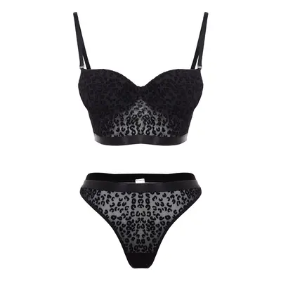 Trendyol Black Tulle Leopard Patterned Underwire Covered Lingerie Set