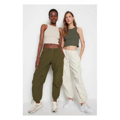 Trendyol Khaki-Beige 2-Pack Fitted Crop Halterneck Manšestr, Flexibilní Pletený Jednoduchý Nátěl