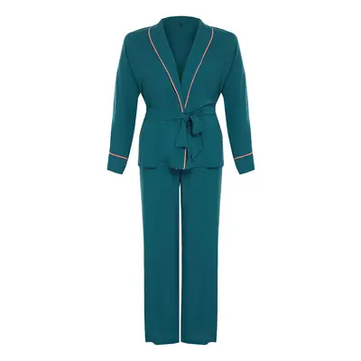 Trendyol Curve Emerald Green Piping Detailed Double Breasted Viscose Woven Pajama Set