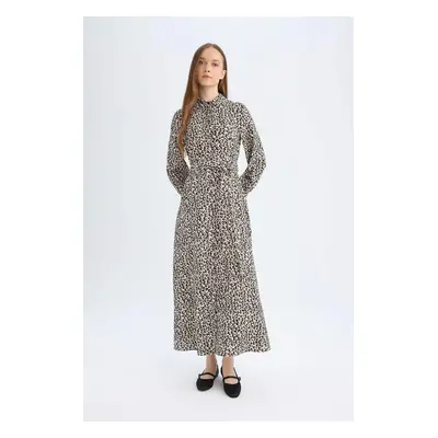 DEFACTO Shirt Collar Leopard Print Buttoned Belted Long Sleeve Maxi Dress