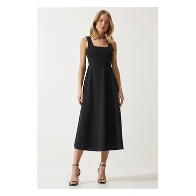 Happiness İstanbul Women's Black Square Collar A-line Dress