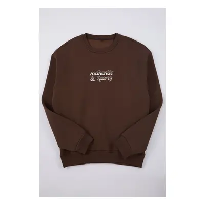 Trendyol Dark Brown Oversize/Wide Cut Authentic&Sporty Embroidered Inside Polar Fleece Sweatshir