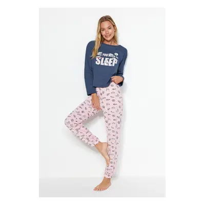 Trendyol Indigo 100% Cotton Cat Print T-shirt-Pants and Knitted Pajamas Set