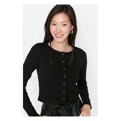 Trendyol Black Button Detailed Fitted Crop Crew Neck Ribbed Cotton Stretchy Knitted Blouse