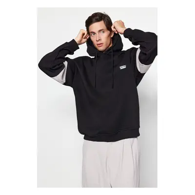 Trendyol Black Oversize/Wide Cut Labeled Color Block Fleece/Warm Sweatshirt