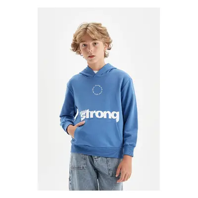 DEFACTO Boy Blue Text Printed Pocket Hooded School Sweatshirt