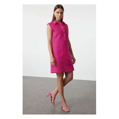 Trendyol Fuchsia Straight Cut Pocketed Shirt Collar Linen Look Mini Woven Dress