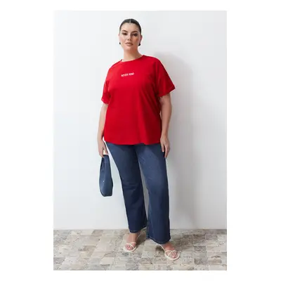 Trendyol Curve Red Slogan Printed Oversize 100% Cotton Knitted T-shirt