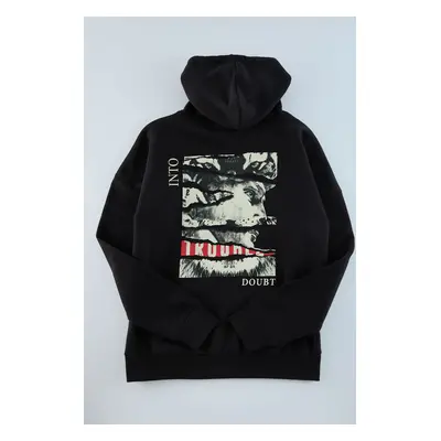 Trendyol Black Regular Cut Printed Hooded Art Printed Sweatshirt