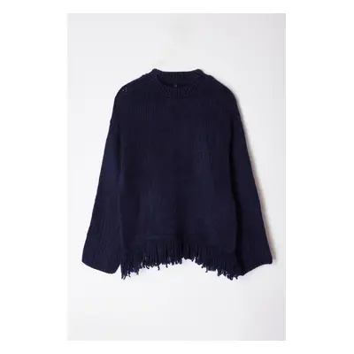 Trendyol Navy Blue Soft Textured Tassel Detailed Knitwear Sweater