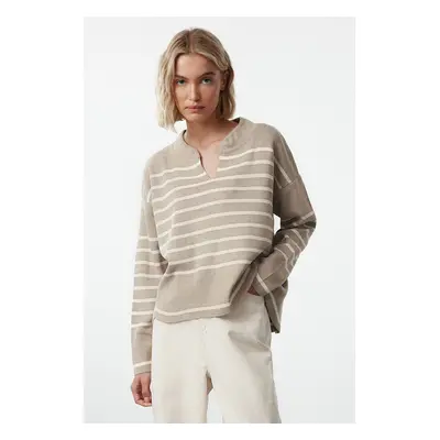 Trendyol Beige Wide Neck Detailed Striped Knitwear Sweater