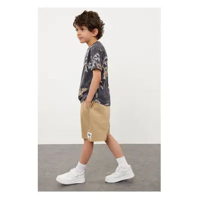 Trendyol Boy Anthracite Palm Patterned T-shirt-Shorts Cotton Knitted Bottom-Top Set