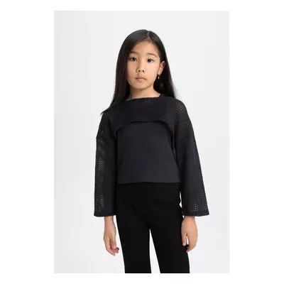 DEFACTO Girl&#39;s Relax Fit Crew Neck Ribbed Long Sleeve T-Shirt