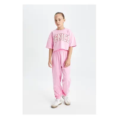 DEFACTO Girls 2-Piece Set Crew Neck Printed Short Sleeve T-Shirt Elastic Waist Jogger Sweatpants