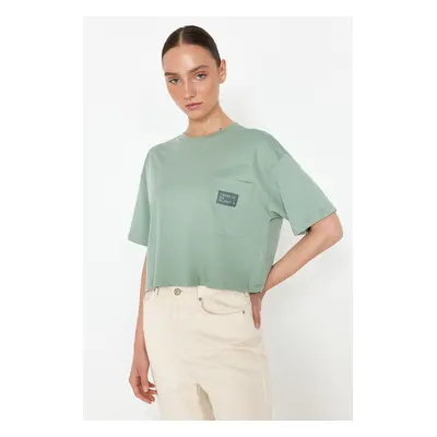 Trendyol Mint More Sustainable 100% Cotton Relaxed Crop Pocket and Printed Knitted T-Shirt