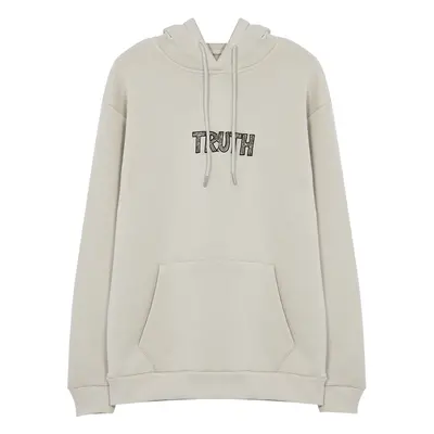 Trendyol Stone Oversize/Wide Cut Text Embroidered Hooded Fleece Inside/Warm Sweatshirt