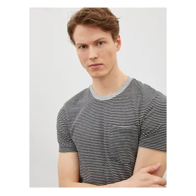 Koton Men's Gray Striped Short Sleeved Cotton T-Shirt with Pocket