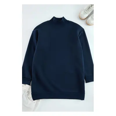 Trendyol Navy Blue Stand Collar Slit Detailed Furry Oversize Knitted Sweatshirt