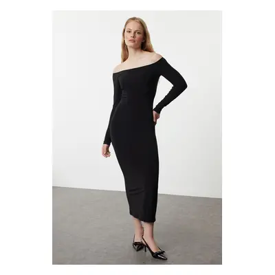 Trendyol Black Straight Carmen Neck Bodycone/Fitting Flexible Maxi Knitted Dress