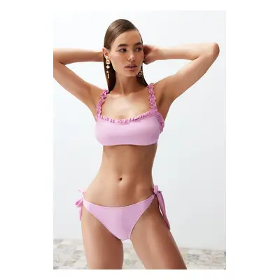 Trendyol Růžová Podprsenka Volánky Texturovaný Klasický Bikiny Set