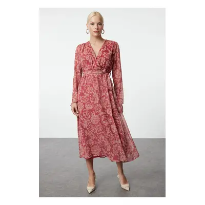 Trendyol Burgundy Floral Patterned Belted A-Line Double Breasted Collar Lined Chiffon Maxi Woven