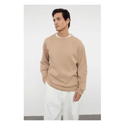 Trendyol Camel Oversize/Wide Cut Stitch Detail Textured Crew Neck T-Shirt