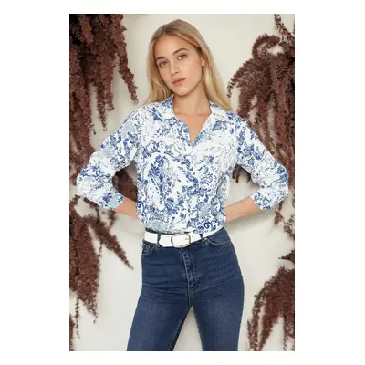 Trendyol Ecru Flower Patterned Regular Fit Woven Shirt