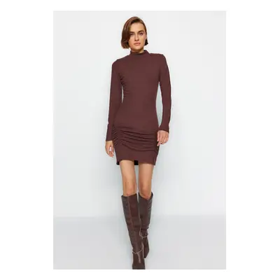 Trendyol Brown High Collar Fitted Long Sleeve Slit Mini Ribbed Stretchy Knitted Dress