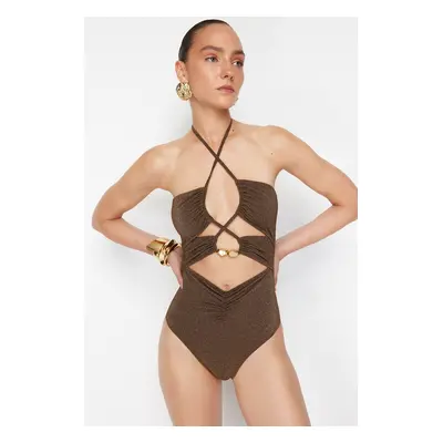 Trendyol X Zeynep Tosun Brown Knitted Cut Out/Window Accessory Detailed Shiny Swimsuit