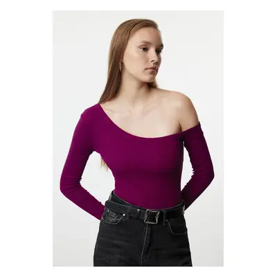 Trendyol Purple Fitted Off Shoulder Corded Cotton Stretch Knitted Blouse