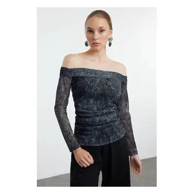 Trendyol Anthracite Printed Tulle Bateau Neck Fitted Stretchy Knitted Blouse