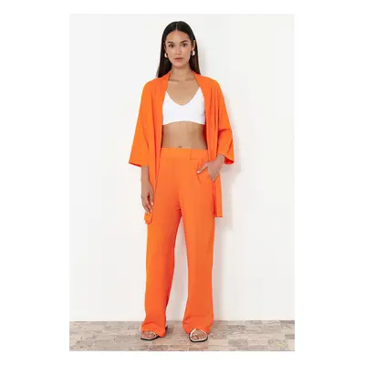 Trendyol Orange Relaxed/Comfortable Cut Knitted Kimona Trousers Top-Bottom Set