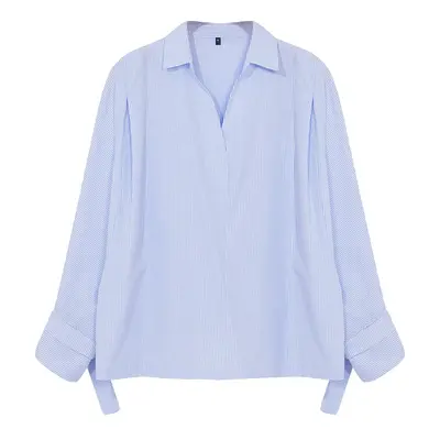 Trendyol Curve Blue White Striped Basic Long Sleeve Elastic Back Woven Plus Size Blouse