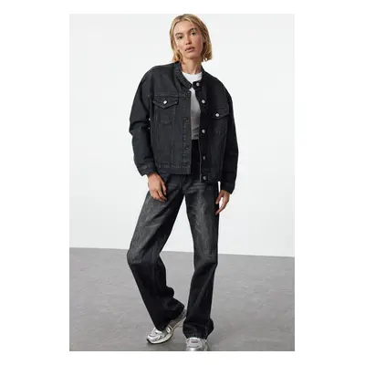 Trendyol Anthracite Stand Collar Oversize Denim Jacket