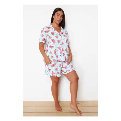 Trendyol Curve Light Blue Watermelon Patterned Shirt Collar Knitted Pajama Set