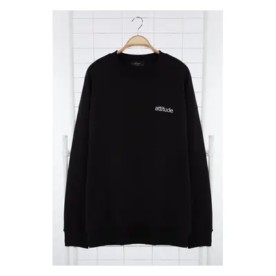 Trendyol Black Oversize/Wide Cut Text Printed Plus Size Sweatshirt