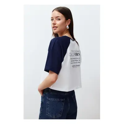 Trendyol White 100% Cotton Color Block Slogan Printed Relaxed Crop Knitted T-Shirt