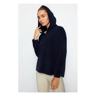 Trendyol Navy Blue Thick Fleece Hooded and Zippered Oversized/Wide Knitted Sweatshirt