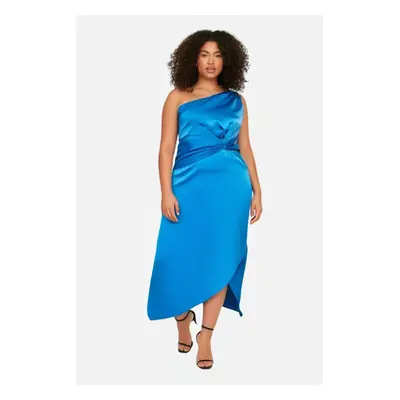 Trendyol Curve Saxe Satin Chic Asymmetrical Single Sleeve Long Woven Dress