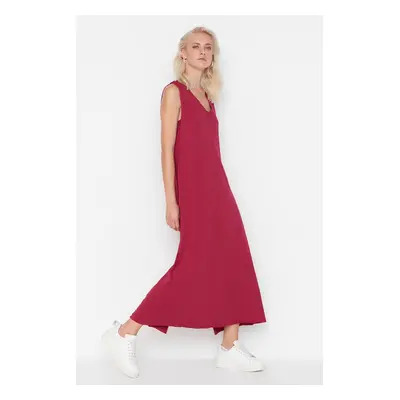 Trendyol Dark Plum V-Neck Maxi Length Knitted Dress