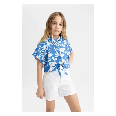 DEFACTO Girls' Crop Short Sleeve Patterned Shirt