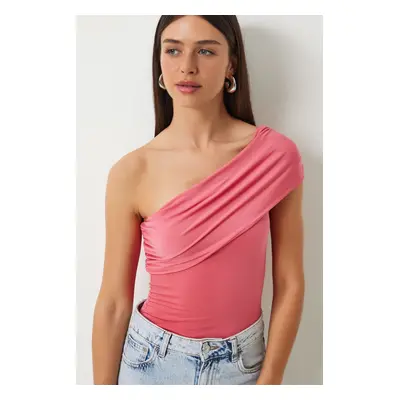 Happiness İstanbul Women's Candy Pink One Shoulder Gathered Knitted Blouse