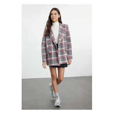 Trendyol Gray Oversize Lined Double Breasted Closure Woven Plaid Blazer Jacket