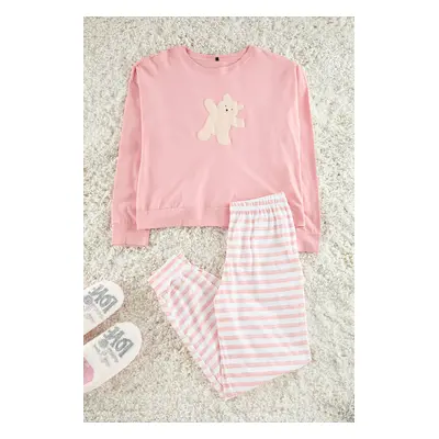 Trendyol Pink 100% Cotton Teddy Bear Printed Knitted Pajama Set