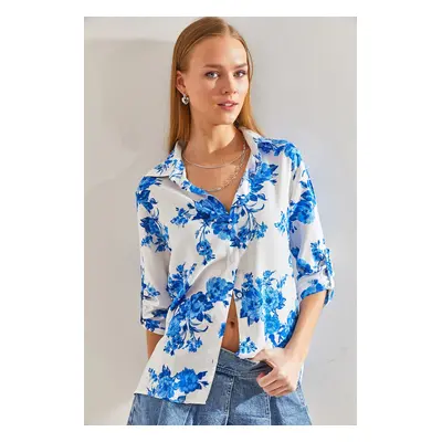 Bianco Lucci Women's Floral Patterned Folding Sleeve Viscose Shirt