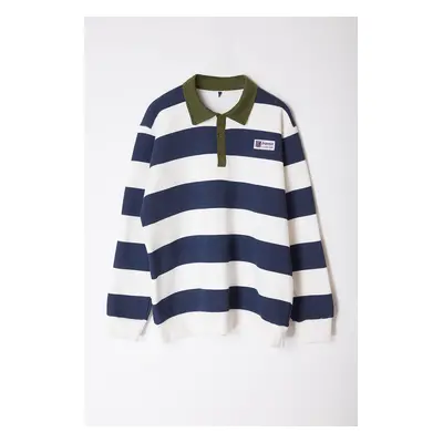 Trendyol Plus Size Navy Blue Regular/Normal Cut Polar Fleece Inside Cotton Striped Sweatshirt