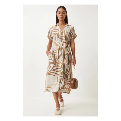 Happiness İstanbul Women's Biscuit Cream Patterned Belted Viscose Shirt Dress