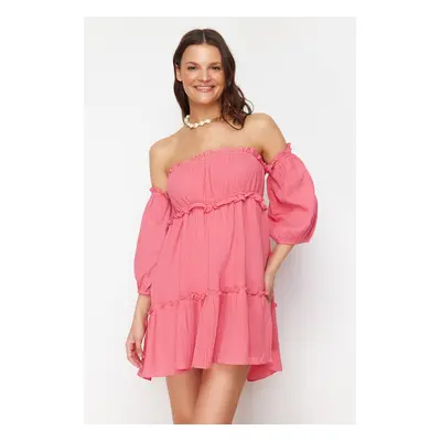 Trendyol Fuchsia Mini Woven Ruffled Muslin Beach Dress