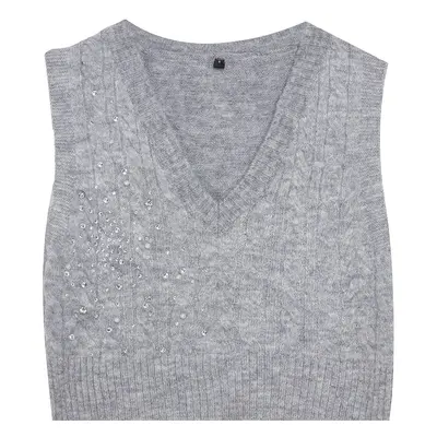 Trendyol Limited Edition Gray Crop Soft Texture Pearl Detailed Hair Knitted Sweater